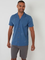 Threadbare Blue Linen Blend Palm Embroidered Short Sleeve Shirt - Image 1 of 4
