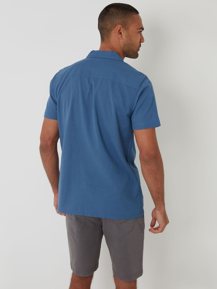 Threadbare Blue Linen Blend Palm Embroidered Short Sleeve Shirt - Image 2 of 4