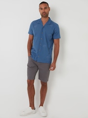 Threadbare Blue Linen Blend Palm Embroidered Short Sleeve Shirt - Image 3 of 4