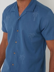 Threadbare Blue Linen Blend Palm Embroidered Short Sleeve Shirt - Image 4 of 4