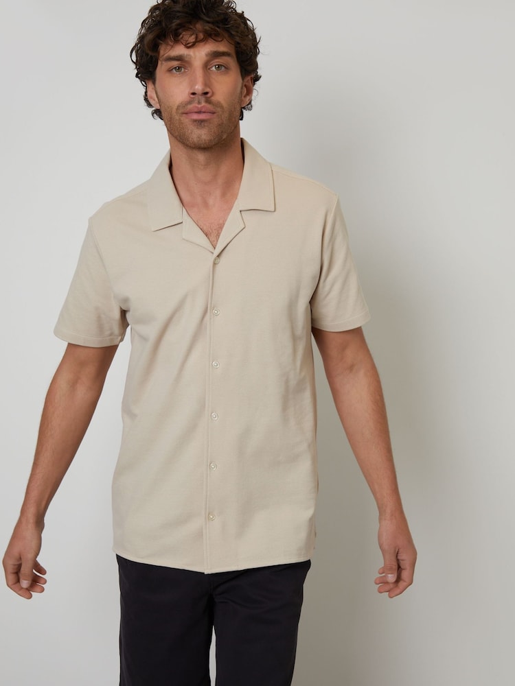 Threadbare Natural Jersey Pique Revere Collar Short Sleeve 100% Cotton Shirt - Image 1 of 4