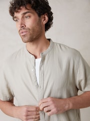 Threadbare Natural Grandad Collar Linen Blend Short Sleeve Shirt - Image 2 of 7