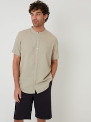 Threadbare Natural Grandad Collar Linen Blend Short Sleeve Shirt - Image 3 of 7