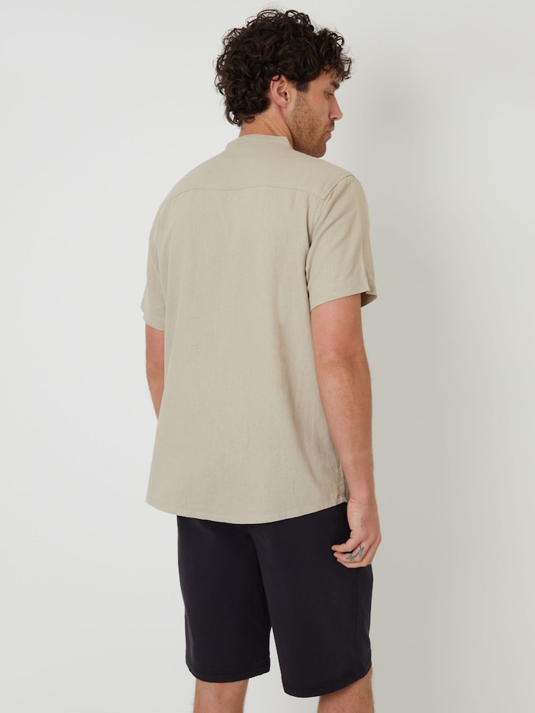 Threadbare Natural Grandad Collar Linen Blend Short Sleeve Shirt - Image 4 of 7
