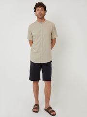 Threadbare Natural Grandad Collar Linen Blend Short Sleeve Shirt - Image 5 of 7