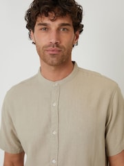 Threadbare Natural Grandad Collar Linen Blend Short Sleeve Shirt - Image 6 of 7