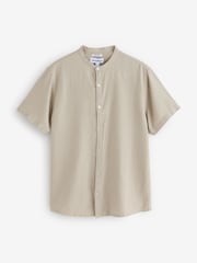 Threadbare Natural Grandad Collar Linen Blend Short Sleeve Shirt - Image 7 of 7