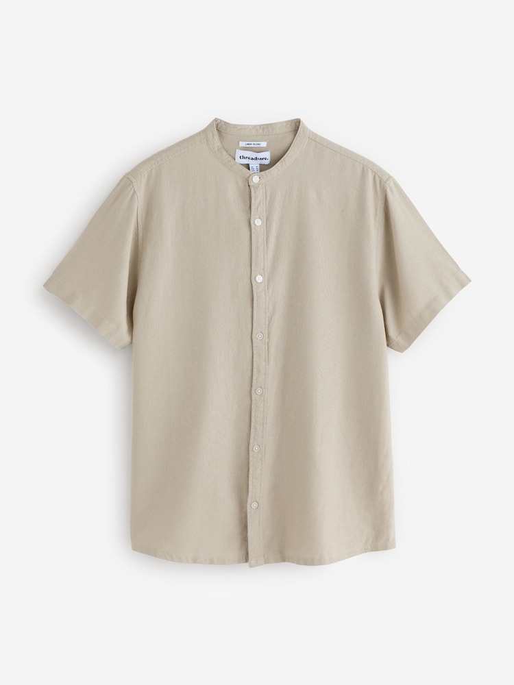 Threadbare Natural Grandad Collar Linen Blend Short Sleeve Shirt - Image 7 of 7