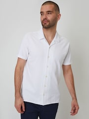 Threadbare White Jersey Pique Revere Collar Short Sleeve 100% Cotton Shirt - Image 1 of 5