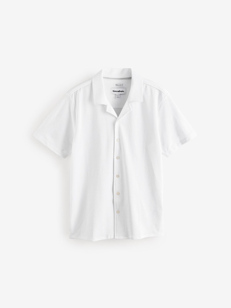 Threadbare White Jersey Pique Revere Collar Short Sleeve 100% Cotton Shirt - Image 5 of 5