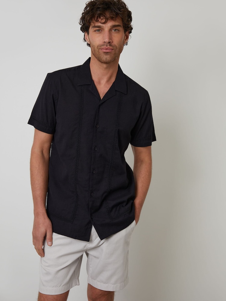 Threadbare Black Relaxed Fit Linen Blend Lace Trim Shirt - Image 1 of 5