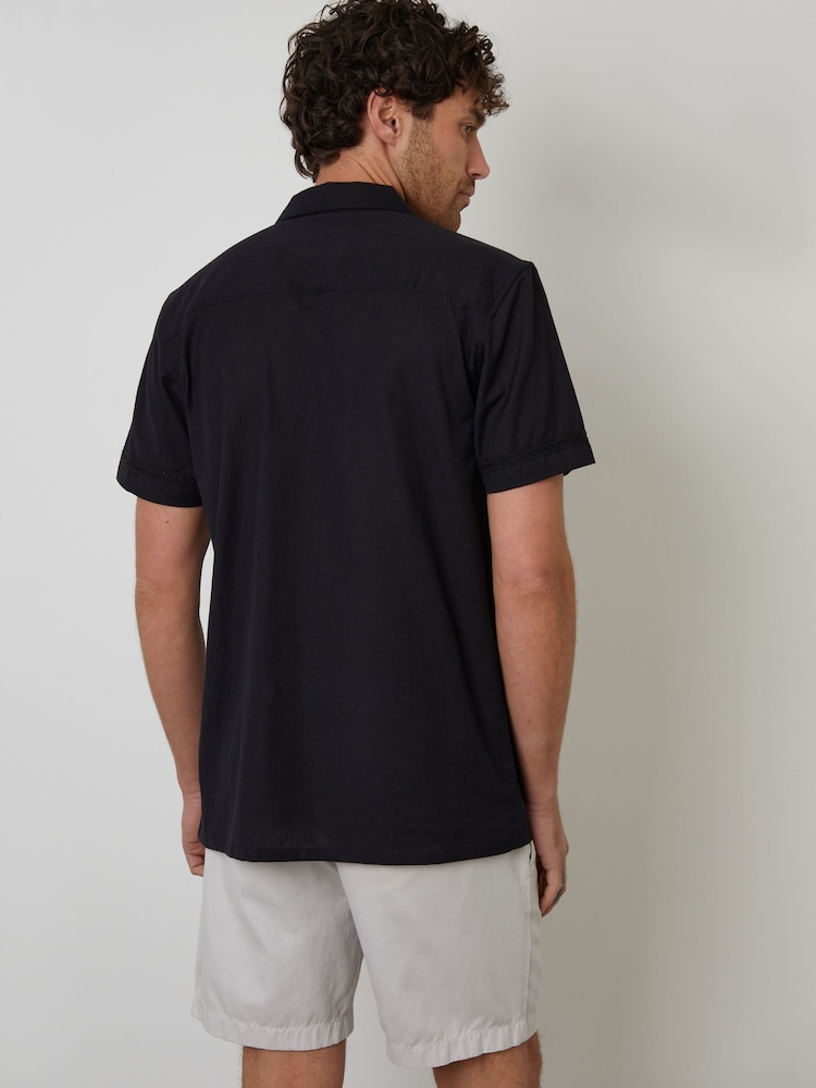Threadbare Black Relaxed Fit Linen Blend Lace Trim Shirt - Image 2 of 5