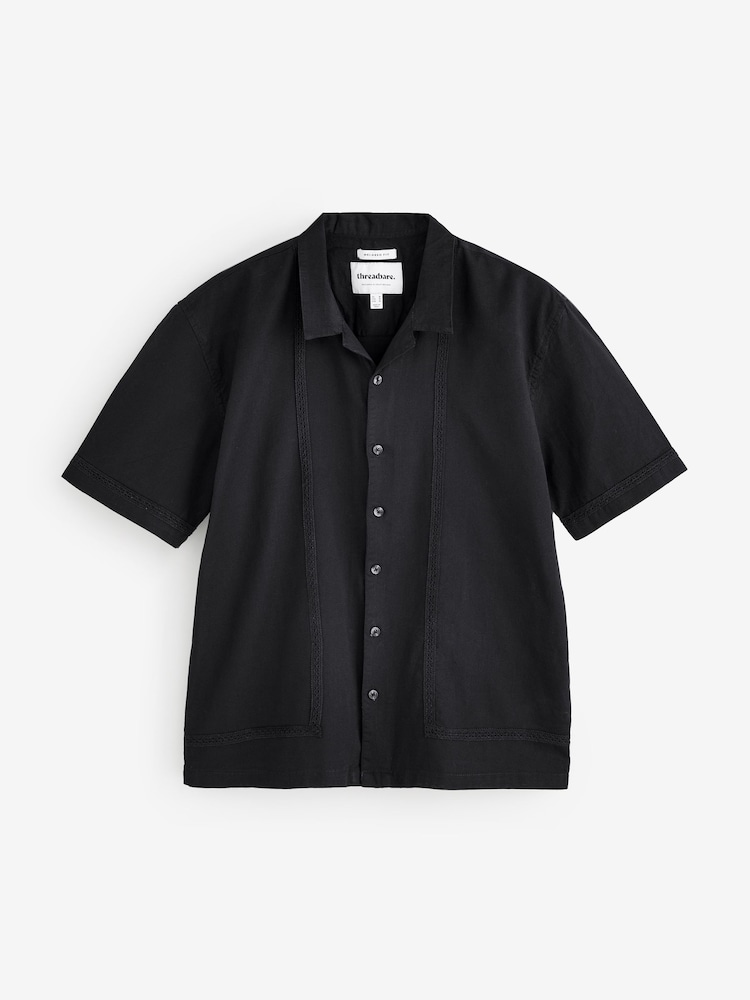 Threadbare Black Relaxed Fit Linen Blend Lace Trim Shirt - Image 5 of 5