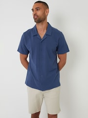Threadbare Denim Blue Jersey Pique Revere Collar Short Sleeve 100% Cotton Shirt - Image 1 of 5
