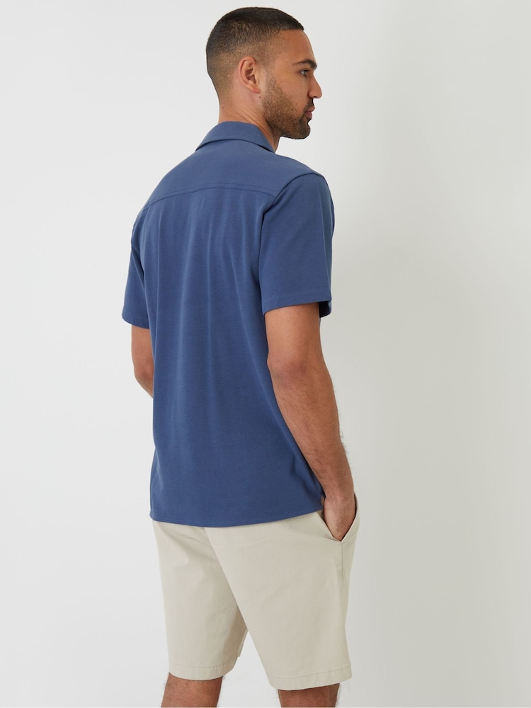 Threadbare Denim Blue Jersey Pique Revere Collar Short Sleeve 100% Cotton Shirt - Image 2 of 5