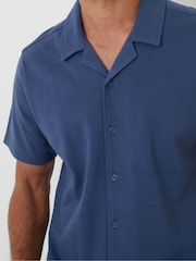 Threadbare Denim Blue Jersey Pique Revere Collar Short Sleeve 100% Cotton Shirt - Image 3 of 5