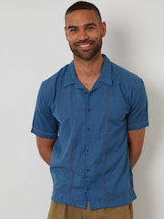 Threadbare Blue Relaxed Fit Linen Blend Lace Trim Shirt - Image 1 of 4