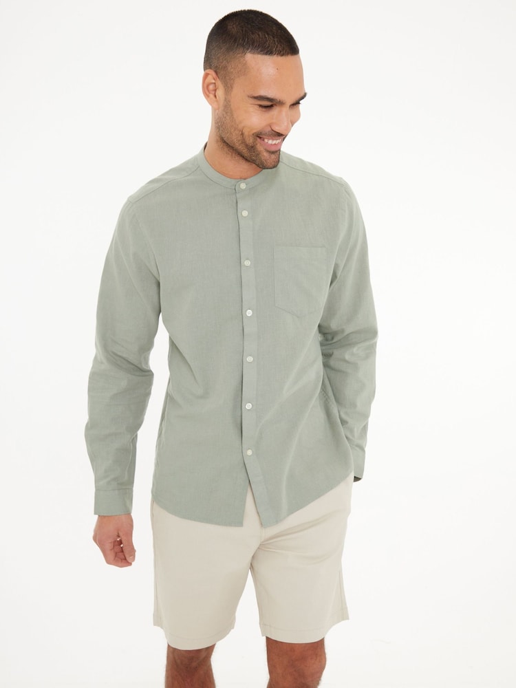 Groen - Threadbare Grandad Collar Linen Blend Long Sleeve Shirt - Image 1 of 4