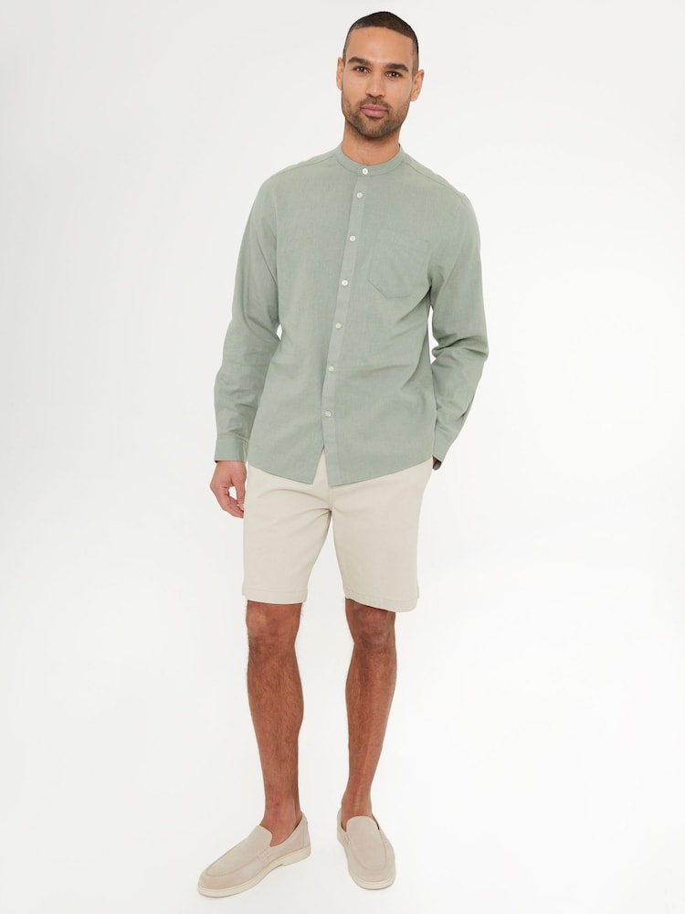 Groen - Threadbare Grandad Collar Linen Blend Long Sleeve Shirt - Image 3 of 4
