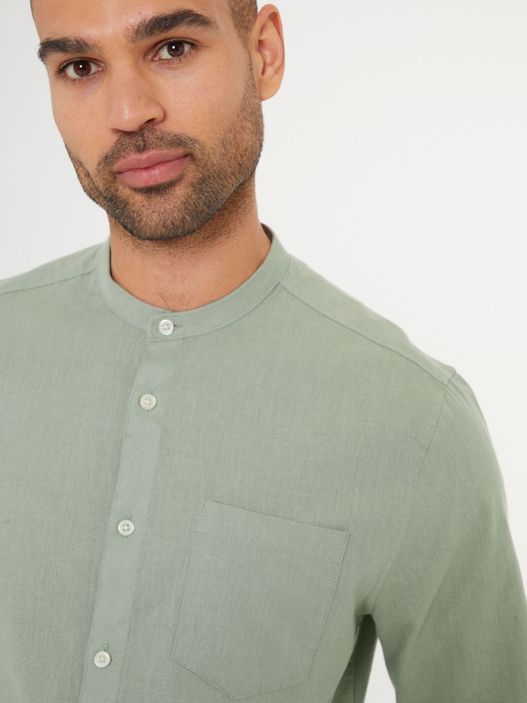 Groen - Threadbare Grandad Collar Linen Blend Long Sleeve Shirt - Image 4 of 4