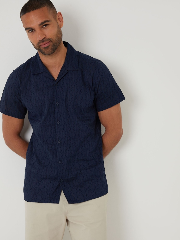 Threadbare Navy 100% Cotton Textured Cuban Collar Short Sleeve Shirt - Image 1 of 4 Threadbare Navy 100% Cotton Textured Cuban Collar Short Sleeve Shirt - Image 1 of 4