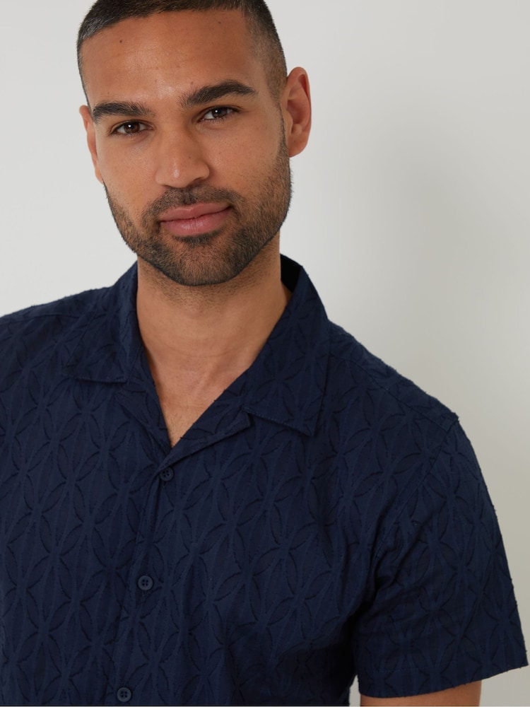 Threadbare Navy 100% Cotton Textured Revere Collar Short Sleeve Shirt - Image 4 of 4