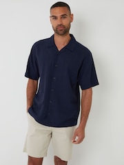 Threadbare Navy Linen Blend Revere Collar Short Sleeve Shirt - Image 1 of 4
