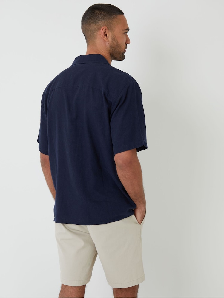 Threadbare Navy Linen Blend Revere Collar Short Sleeve Shirt - Image 2 of 4