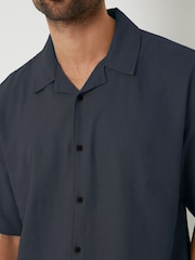 Threadbare Navy Linen Blend Revere Collar Short Sleeve Shirt - Image 4 of 4