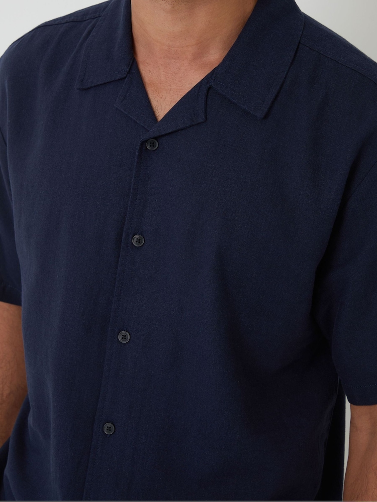 Threadbare Navy Linen Blend Revere Collar Short Sleeve Shirt - Image 4 of 4
