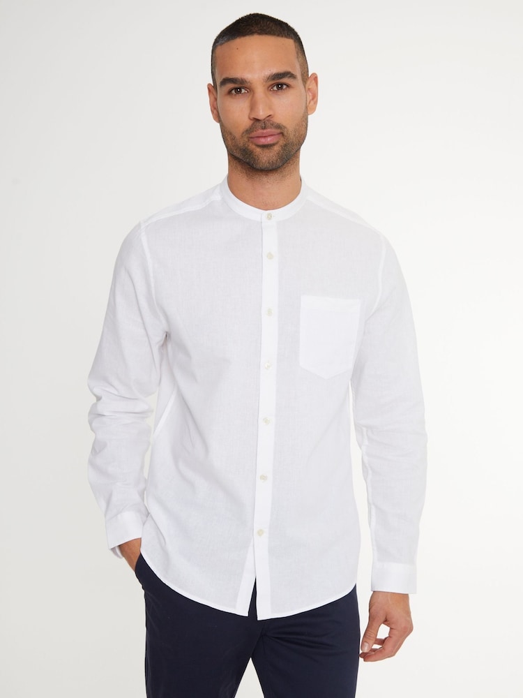 Threadbare White Grandad Collar Linen Blend Long Sleeve Shirt - Image 1 of 4