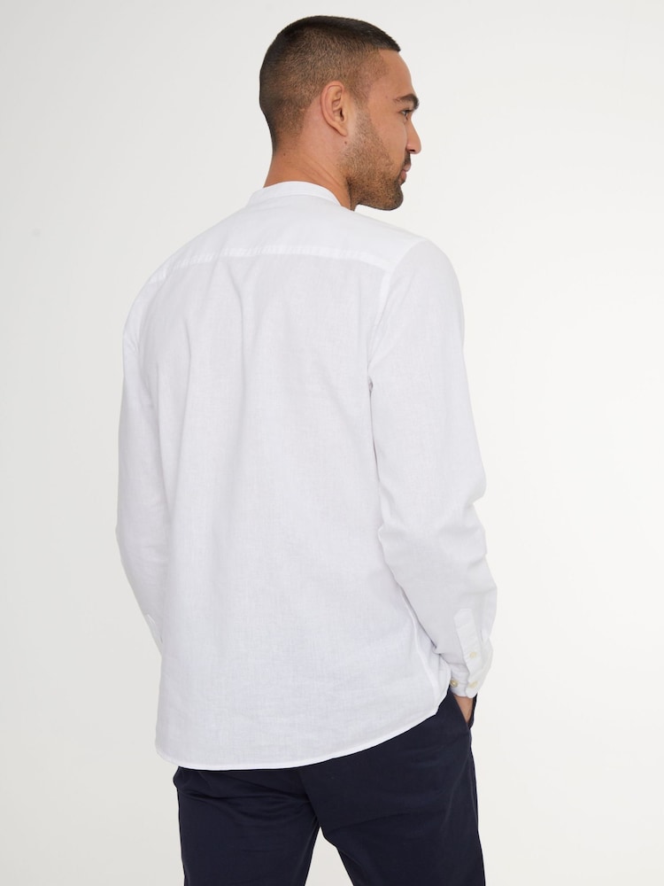 Threadbare White Grandad Collar Linen Blend Long Sleeve Shirt - Image 2 of 4