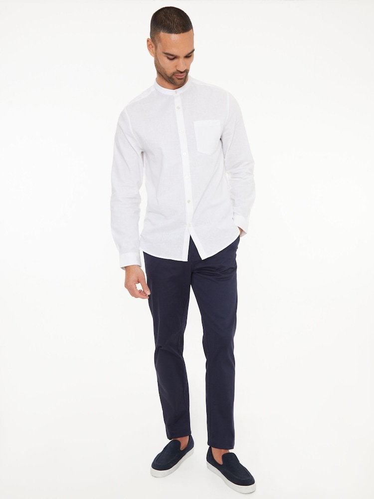 Threadbare White Grandad Collar Linen Blend Long Sleeve Shirt - Image 4 of 4