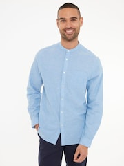 Blauw - Threadbare Grandad Collar Linen Blend Long Sleeve Shirt - Image 1 of 4