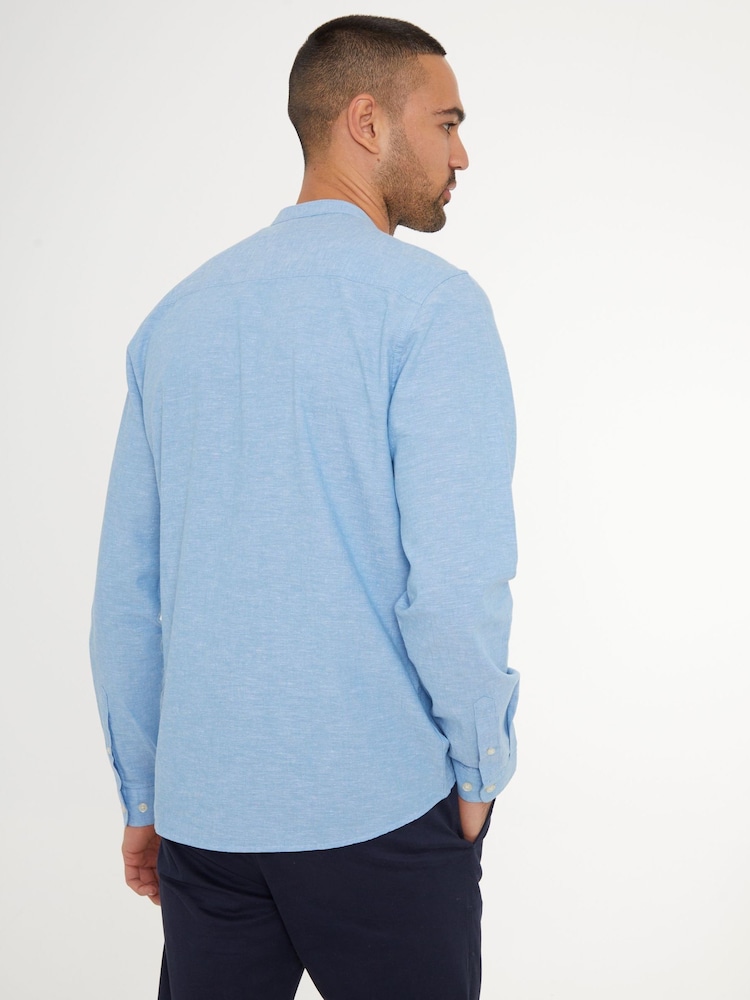 Blauw - Threadbare Grandad Collar Linen Blend Long Sleeve Shirt - Image 2 of 4