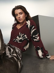 Berry Red Floral Print Long Sleeve V-Neck Jersery Blouse - Image 1 of 8