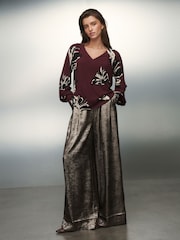 Berry Red Floral Print Long Sleeve V-Neck Jersery Blouse - Image 2 of 8