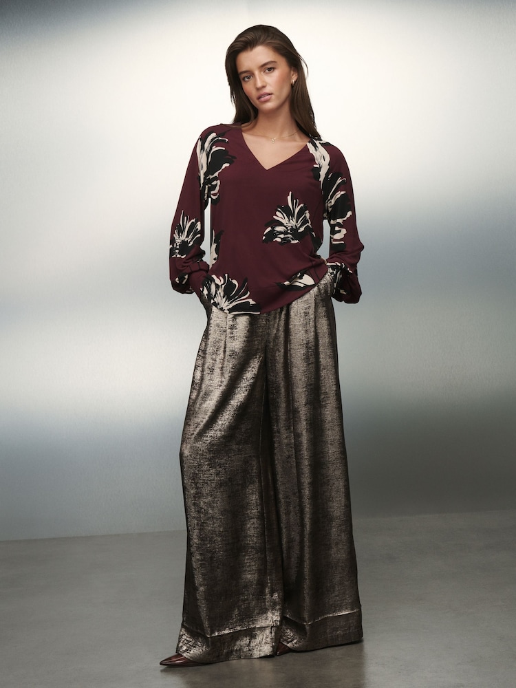 Berry Red Floral Print Long Sleeve V-Neck Jersery Blouse - Image 2 of 8 Berry Red Floral Print Long Sleeve V-Neck Jersery Blouse - Image 2 of 8