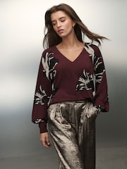 Berry Red Floral Print Long Sleeve V-Neck Jersery Blouse - Image 3 of 8