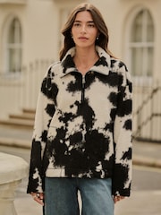 Monochrome Black Ecru Cow Print Teddy Borg Cosy Quarter Zip Fleece - Image 3 of 8