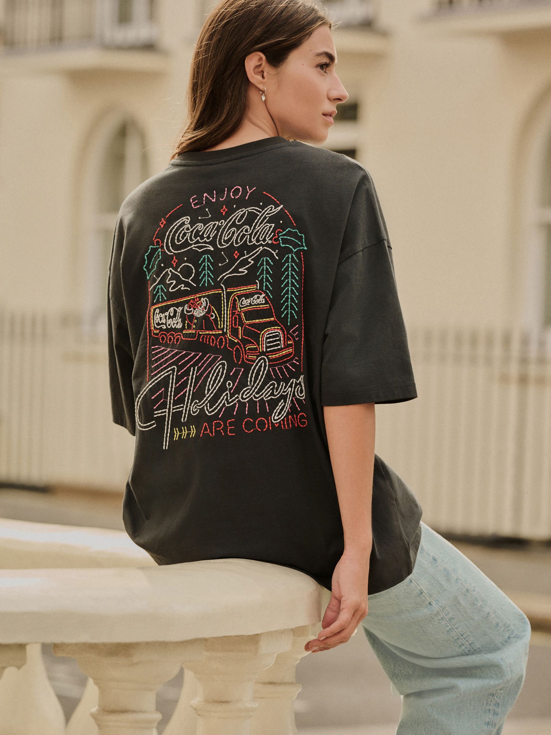 Buy Black Christmas Coca Cola Embroidered Graphic Short Sleeve T
