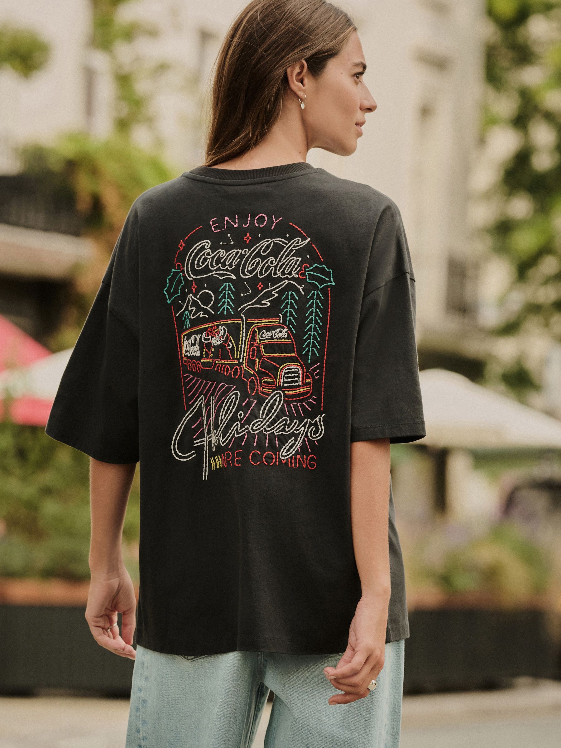 Buy Black Christmas Coca Cola Embroidered Graphic Short Sleeve T