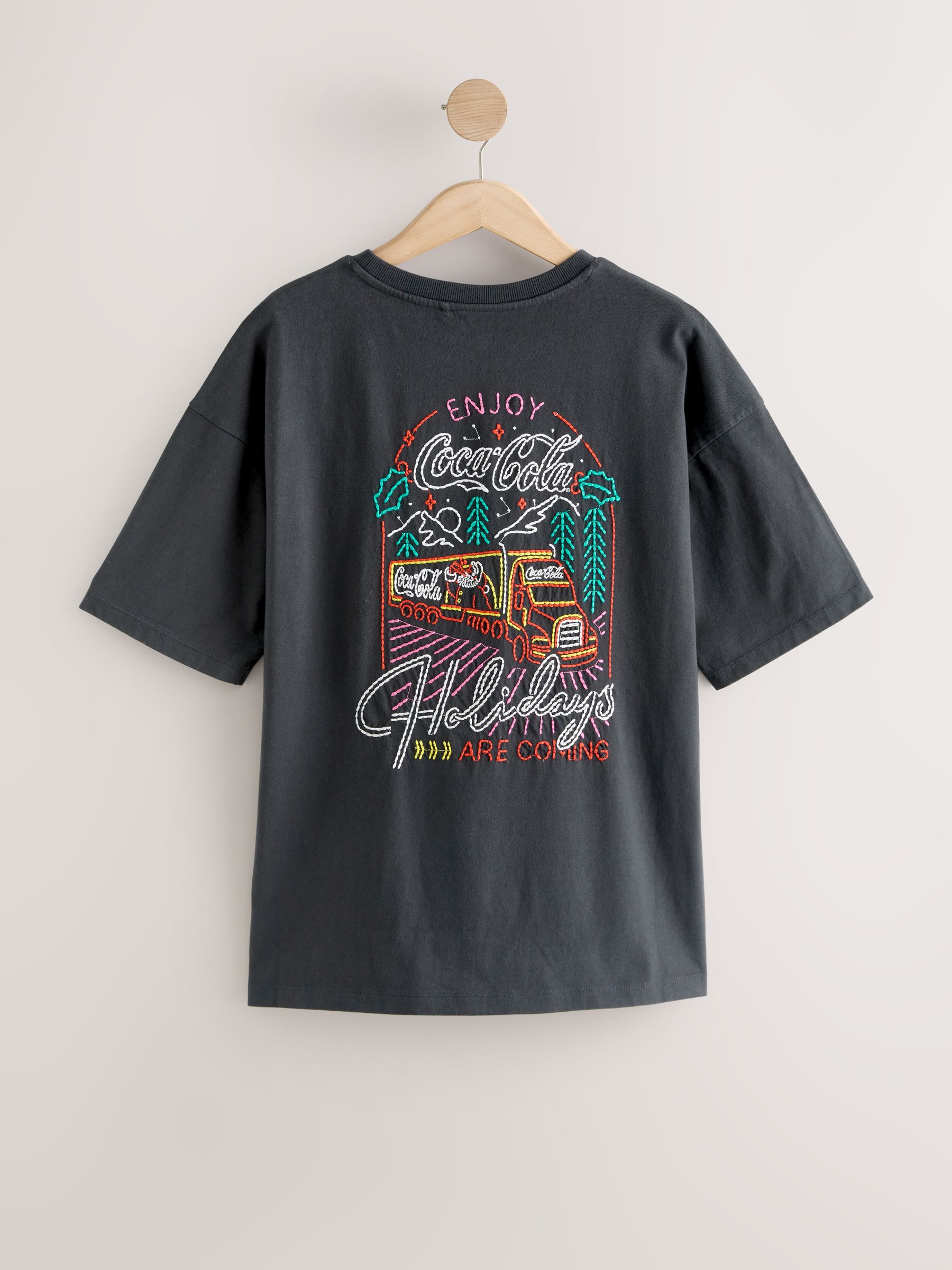 Buy Black Christmas Coca Cola Embroidered Graphic Short Sleeve T