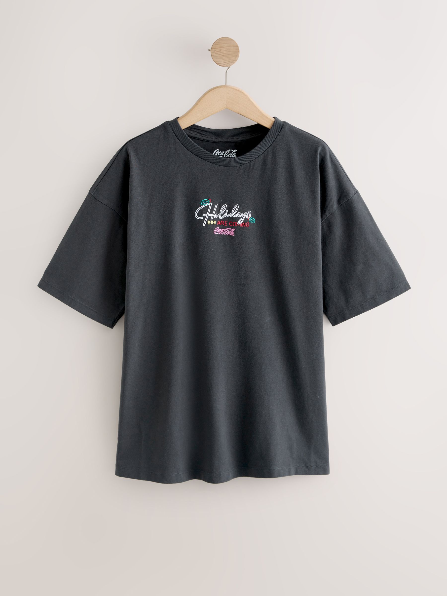 Buy Black Christmas Coca Cola Embroidered Graphic Short Sleeve T