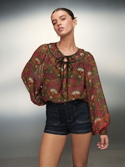 Pink/Green Geometric Border Print - Tie-Neck Long Sleeve Blouse - Imagen 1 de 8