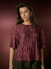 Burgundy Red Metallic Crinkled Short Sleeve Top - Image 1 of 7