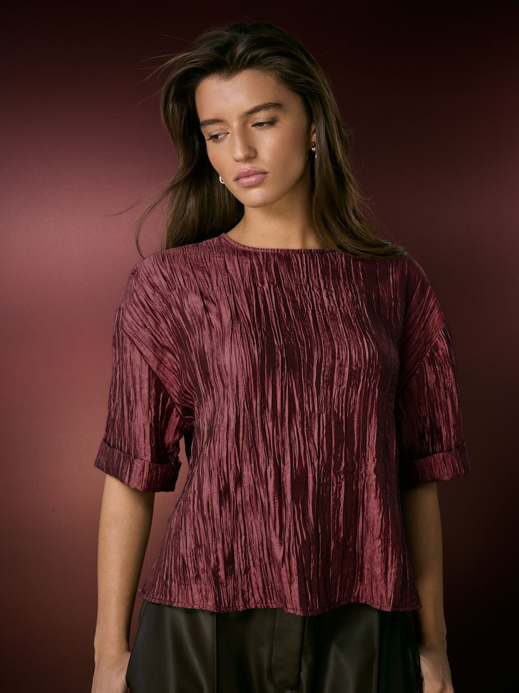 Burgundy Red Metallic Crinkled Short Sleeve Top - Image 1 of 7 Burgundy Red Metallic Crinkled Short Sleeve Top - Image 1 of 7