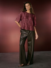 Burgundy Red Metallic Crinkled Short Sleeve Top - Image 2 of 7