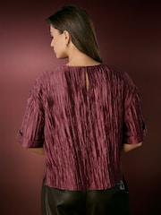 Burgundy Red Metallic Crinkled Short Sleeve Top - Image 3 of 7