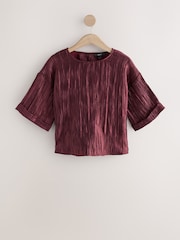 Burgundy Red Metallic Crinkled Short Sleeve Top - Image 4 of 7